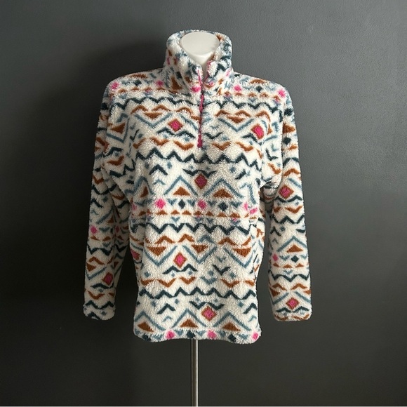 Eddie Bauer Women's Vanilla Aztec Ultra Soft Fleece 1/4 Zip Long Sleeve Pullover - Picture 2 of 7